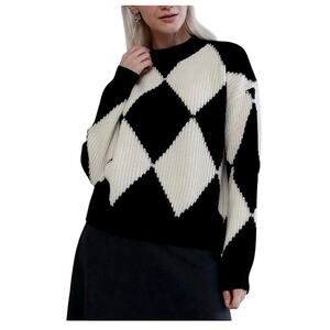 FIBFLX Harlequin Sweater Wool and Cashmere Black and White Checkered EUC Small
